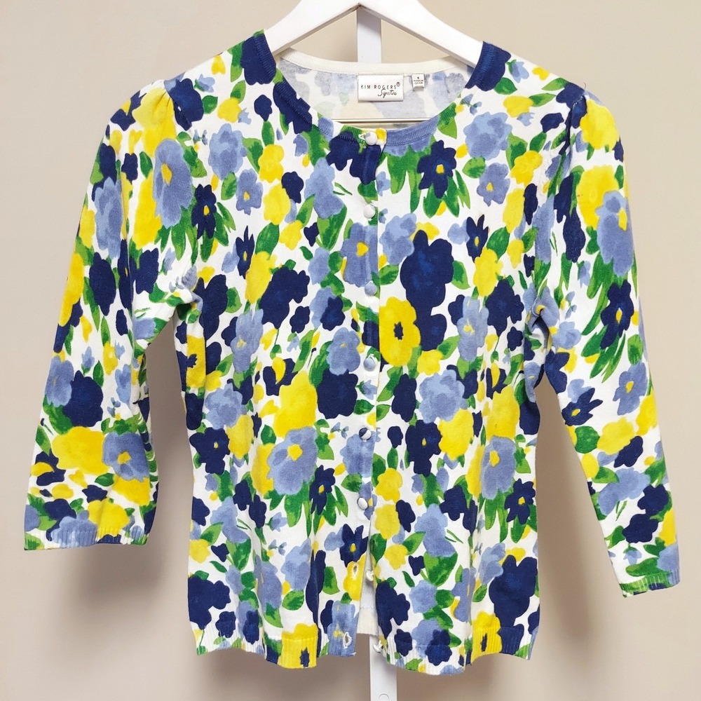 Kim Rogers Floral Cardigan Womens S 3/4 Sleeve Preppy Whimsy Twee Coquette Derby